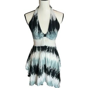 Just From Bali Halter Swim Coverup Elegant Black and White Tie Dye Lace Detail